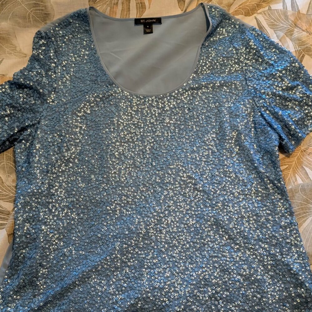 ST JOHN Light Blue Sparkle Sequin Top